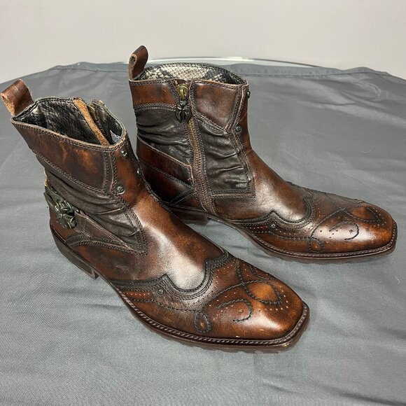 Mark Nason Boots 71785 Men Size 8.5 Brown Leather Zip Sword Cross Lounge U ROCK - Picture 4 of 13